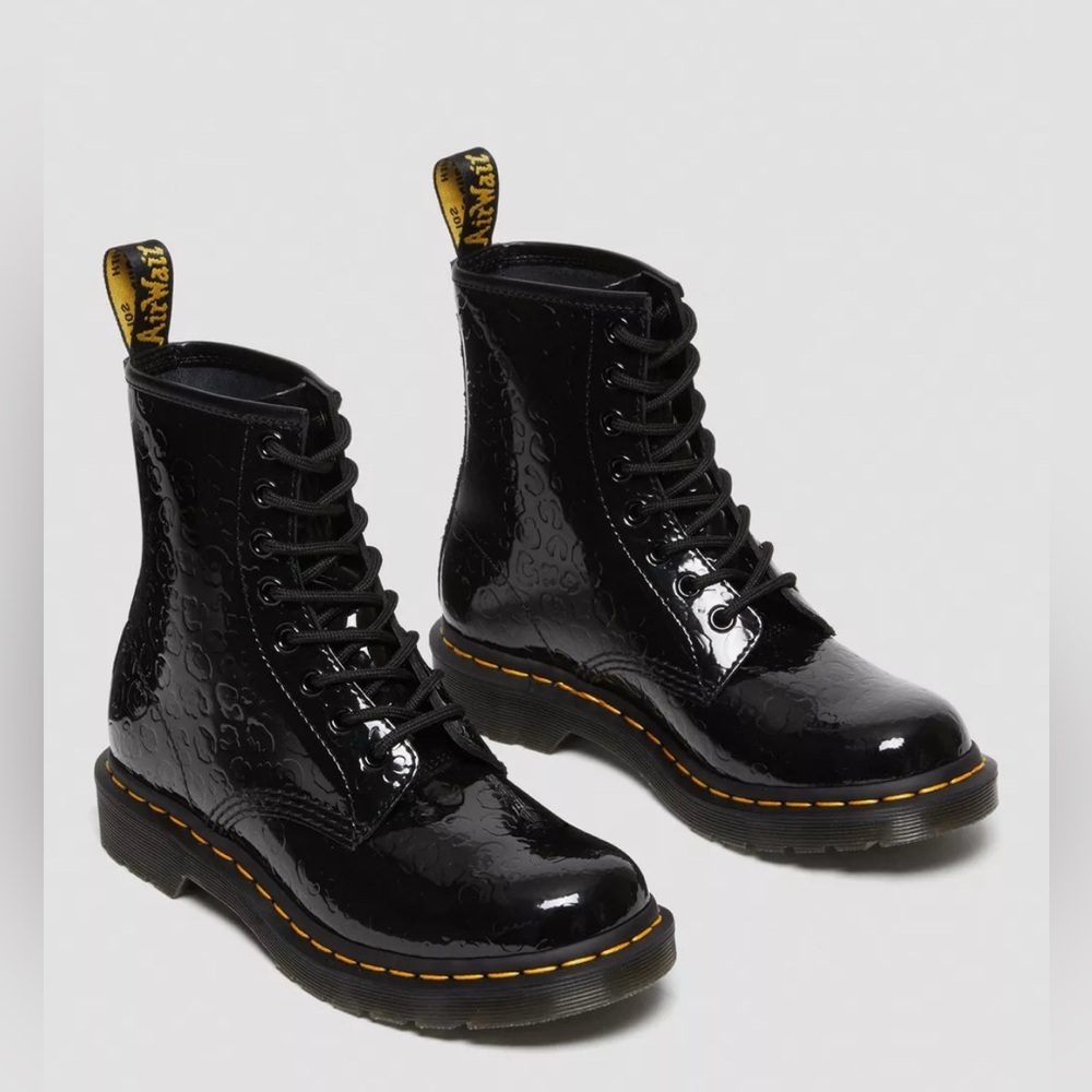 New Dr Martens 1460 LEOPARD EMBOSS PATENT LEATHER BOOTS Black Size 8
